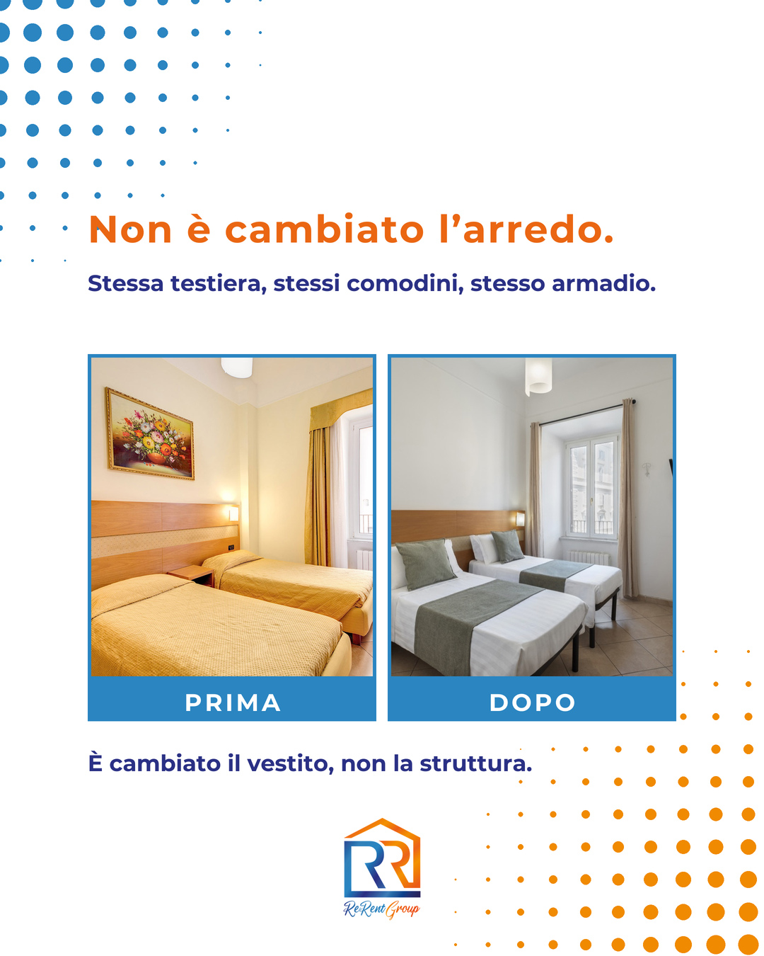 Stessa camera, prima e dopo la nostra gestione: è cambiato il vestito, non la struttura.