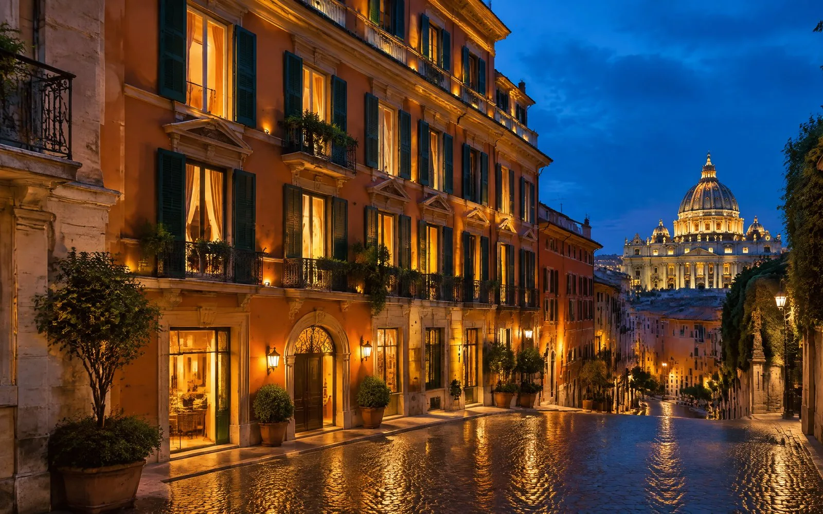 Immagine illustrativa: facciata di un palazzo del centro di Roma all'ora blu, con la cupola di San Pietro sullo sfondo