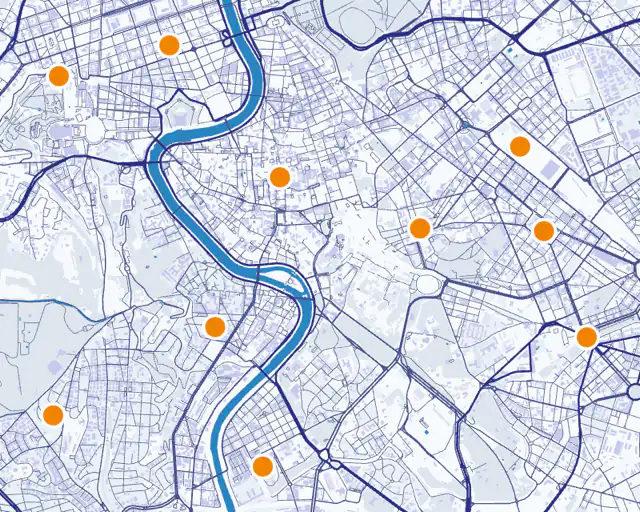 Mappa del centro di Roma con il reticolo delle strade e il corso del Tevere: i punti arancioni segnano i quartieri dove ReRent Group gestisce camere e appartamenti